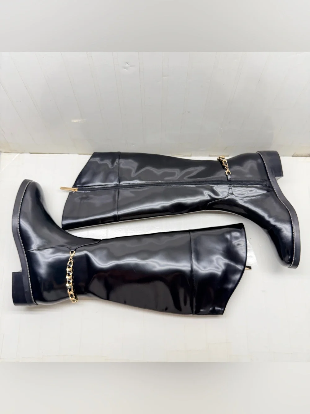 NEW L’Agence Black Patent Knee-High Boots with Gold Chain Accent, Size 7.5